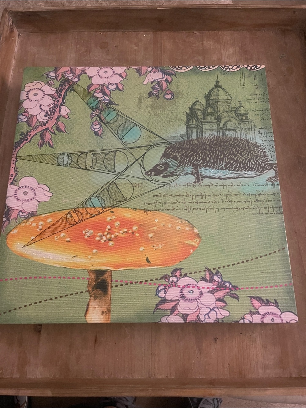 Unbranded Green Floral Hedgehog & Mushroom Wall Art Canvas 14x14